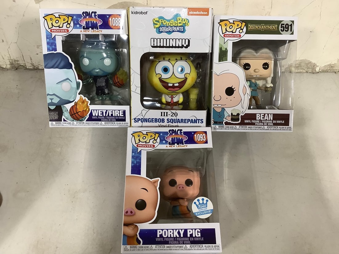 Funko Pop collectible figures(Porky Pig, Bean, Wet/Fire) and Spongebob Bhunny kidrobot figure (1 of 1)