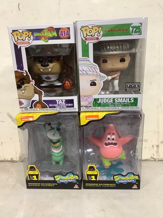 Funko Pops (Judge Snails and Taz), and Spongebob Squarepants Figurines (Patrick and Plankton): Funko Pops (Judge Snails and Taz), and Spongebob Squarepants Figurines (Patrick and Plankton)
