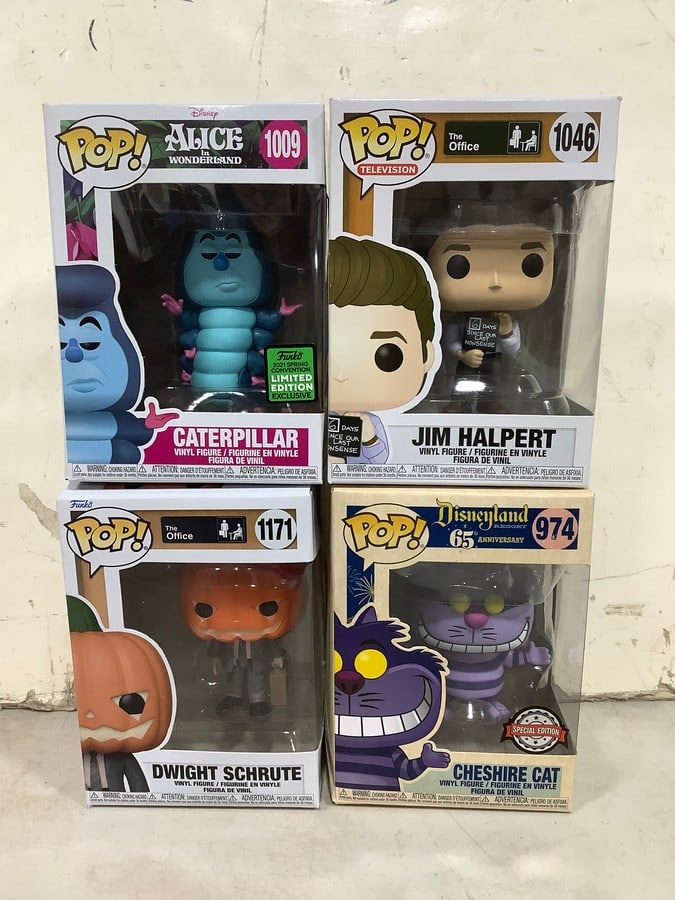 Various Funko Pop Figures (Jim Halpert, Caterpillar, Chesire Cat, and more): Various Funko Pop Figures (Jim Halpert, Caterpillar, Chesire Cat, and more)