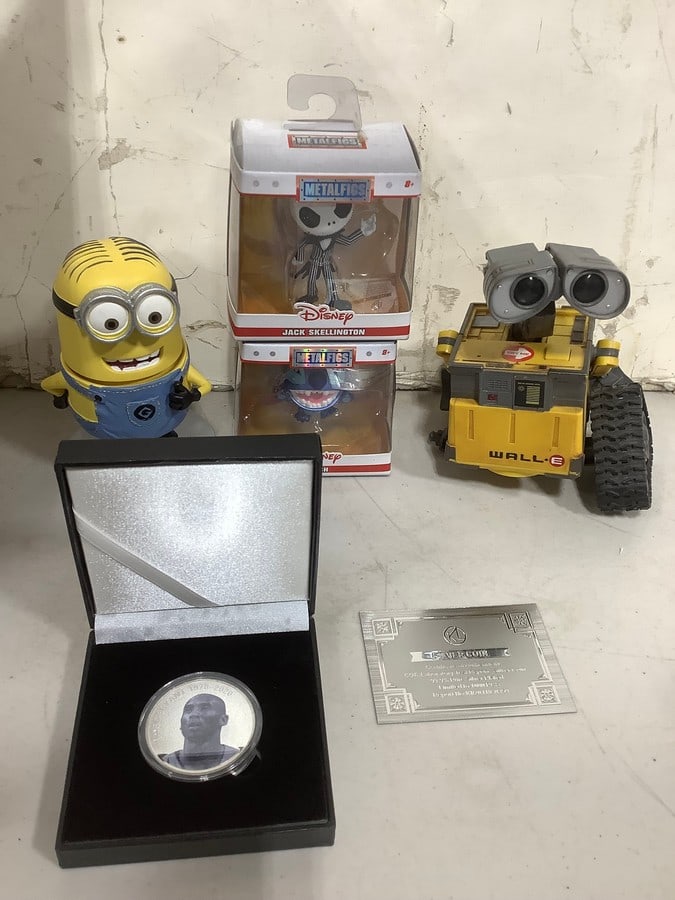 Disney Metal Figs (Stitch and Jack Skellington), Kobe Bryant Silver Coin, Minion Bobblehead, and (1 of 1)