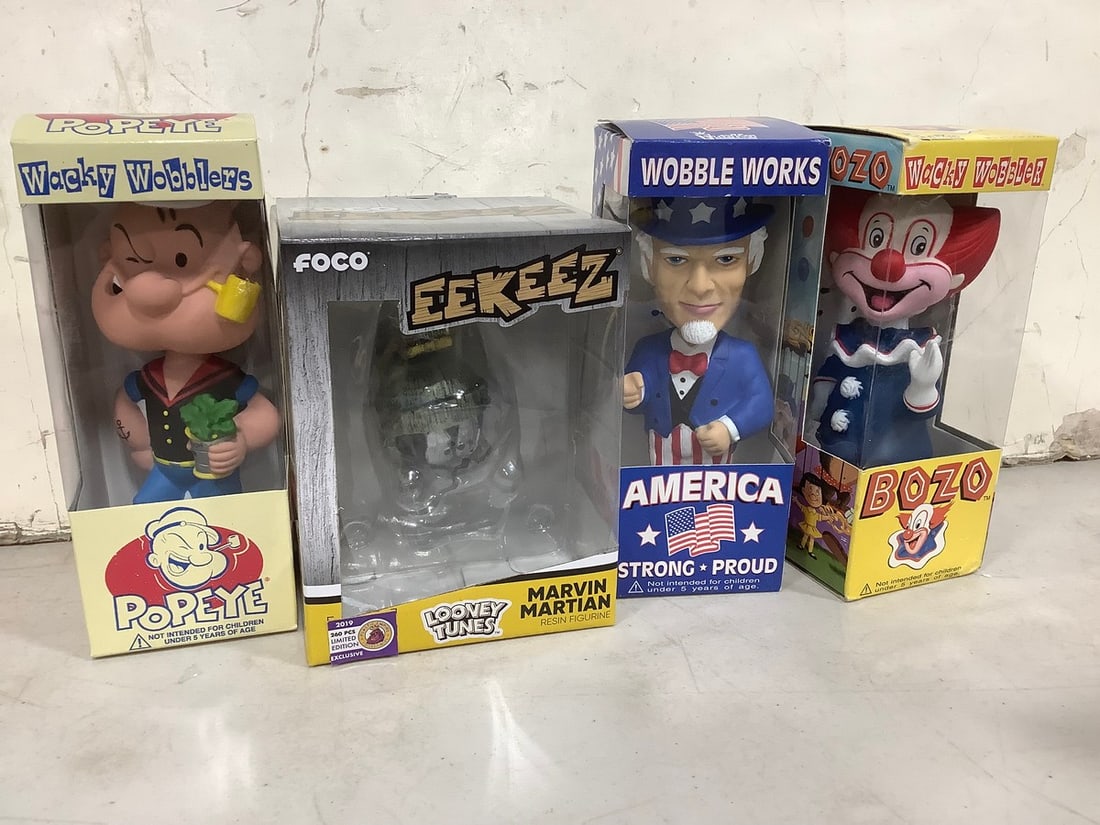 Various Bobbleheads (Bozo, Popeye, and more) and Resin Marvin Martian Figurine: Various Bobbleheads (Bozo, Popeye, and more) and Resin Marvin Martian Figurine