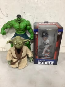 Giancarlo Stanton bobblehead collectible(brand new in box), Yoda animatronic toy, and Hulk figure