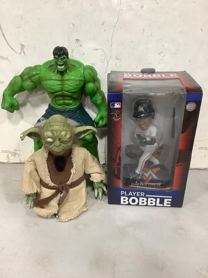 Giancarlo Stanton bobblehead collectible(brand new in box), Yoda animatronic toy, and Hulk figure (1 of 1)