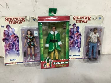 Stranger Things collectible figures(Eleven, Chief Hopper) and Buddy the elf action figure(all new in