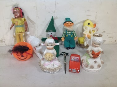 Ceramic Angel Statues (Tallest - 5in), Vintage Dolls, and more