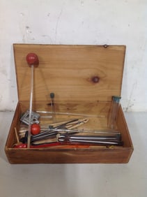 Wooden Box (3.25inx13.25inx7.25in) with Vintage Laboratory Equipment