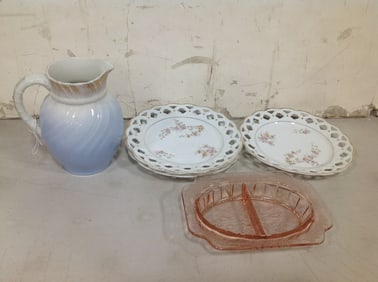 Royal Porcelain Pitcher, Ceramic Plates and Glass Dish (Tallest - 7.25in)