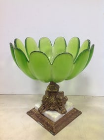Vintage green glass marble metal base fruit bowl/candy dish(11in.tall)