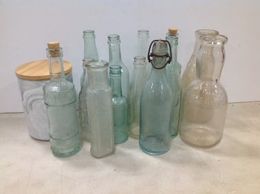 Vintage Glass Bottles and Marbled Porcelain Jar (Tallest - 10in)