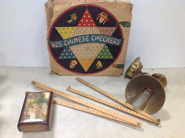 Chinese Checkers, Brass Hanging Light Fixture, Decorative Wooden Organizer, and more