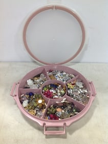 Plastic Case with Various Pendants, Brooches, and more