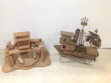 Yip tin music box(11in.tall) and wooden music box