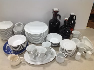 Sheffield bone white porcelain set, glass brewing jugs, and more(tallest 13in.)