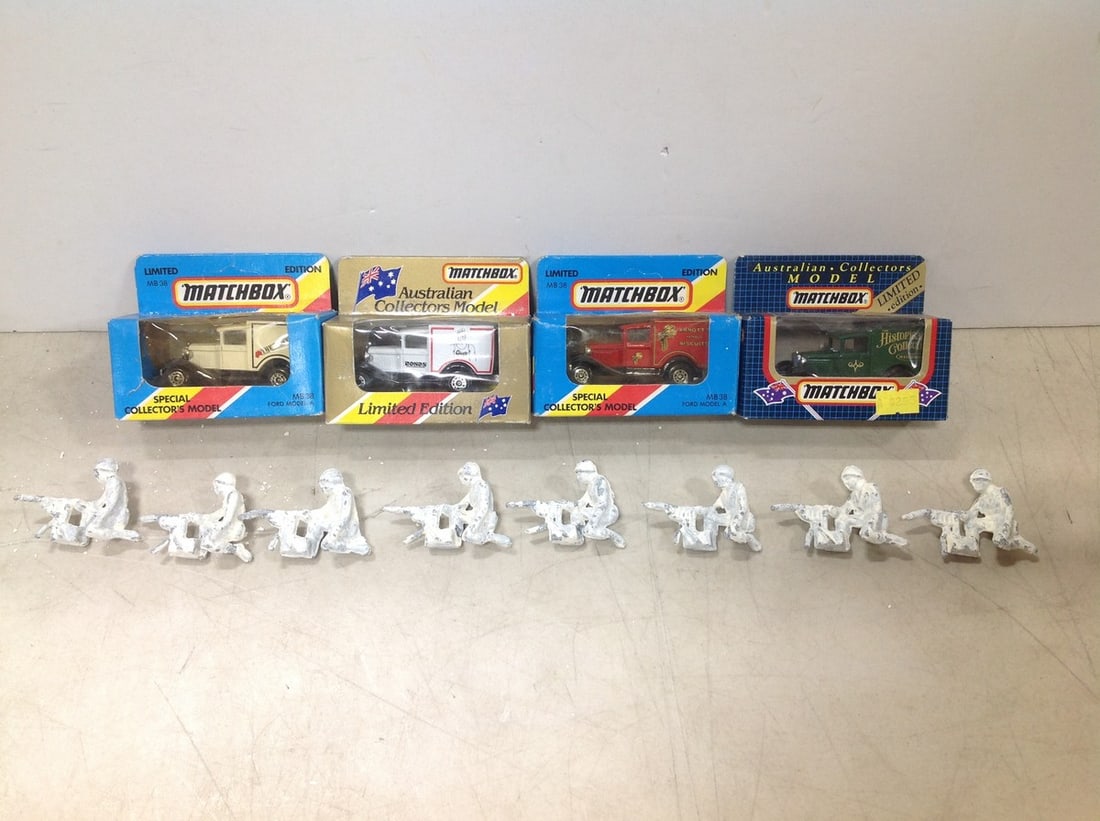 Various matchbox cars and metal figures: Various matchbox cars and metal figures