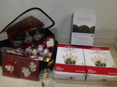 Various Christmas ornaments, lights, and more