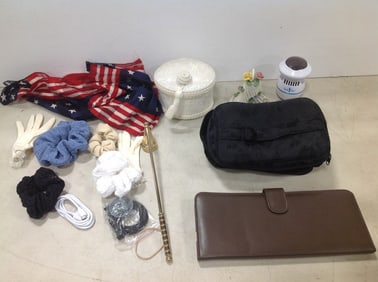 Vintage Lillian Vernon brown leather business card holder wallet, ceramic bell, and more