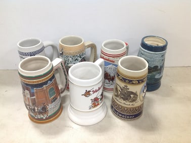 Various beer mugs-Budweiser and more(tallest about 8in.)