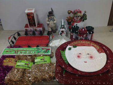 Christmas decor(tinsel garland, snowman statues-tallest 11in.,Mikasa candleholders, and more)