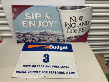 Lot of New England coffee sign and Budget rent car sign