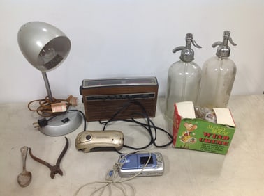 Vintage seltzer bottles(11in.tall), General Electric radio alarm clock, and more