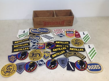 Hygrade Brand Wooden Box, and Various Badges