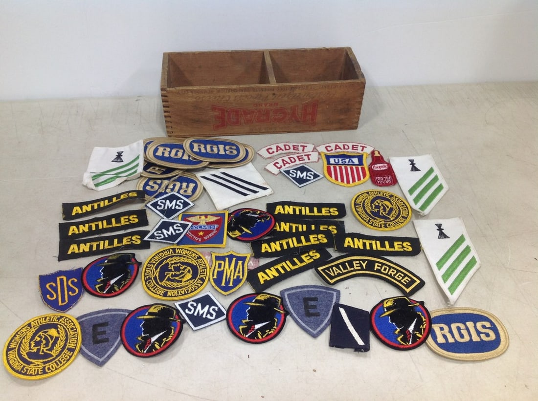Hygrade Brand Wooden Box, and Various Badges: Hygrade Brand Wooden Box, and Various Badges