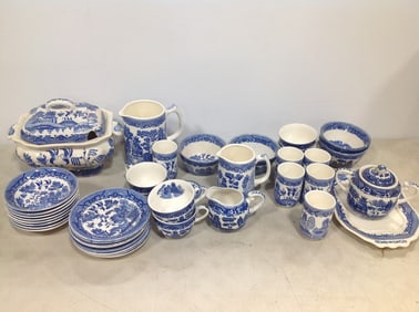 Various Blue Transfer Ceramic Plates, Cups, Bowls, Pitcher, and more