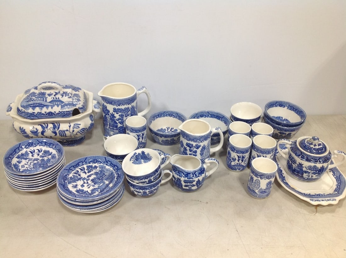 Various Blue Transfer Ceramic Plates, Cups, Bowls, Pitcher, and more (1 of 1)