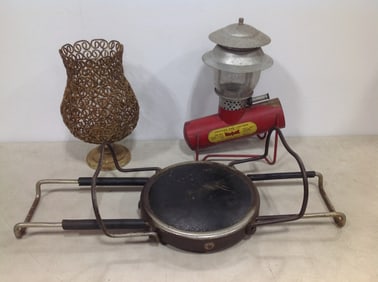 Propane gas lantern(14in.tall), 1970's brass metal hourglass shaped candelholder, and more