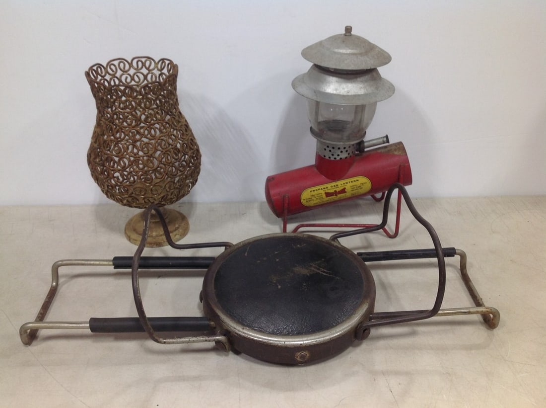 Propane gas lantern(14in.tall), 1970's brass metal hourglass shaped candelholder, and more: Propane gas lantern(14in.tall), 1970's brass metal hourglass shaped candelholder, and more