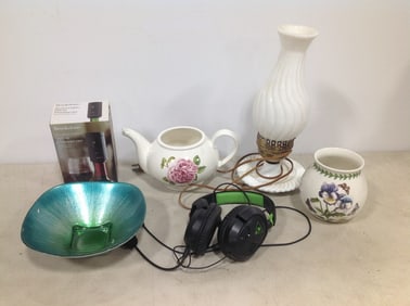Portmeirion botanical gardens vase, Turtle Beach headset, milk glass hurricane table