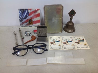 Vintage foldable mirror(3.5in.x5.5in.), commemorative stamp pin, Ireland bell, and more