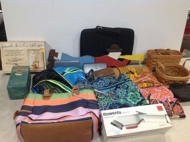 Various handbags(Coach, Vera Bradley, etc.), wooden house decor, wicker baskets, and more