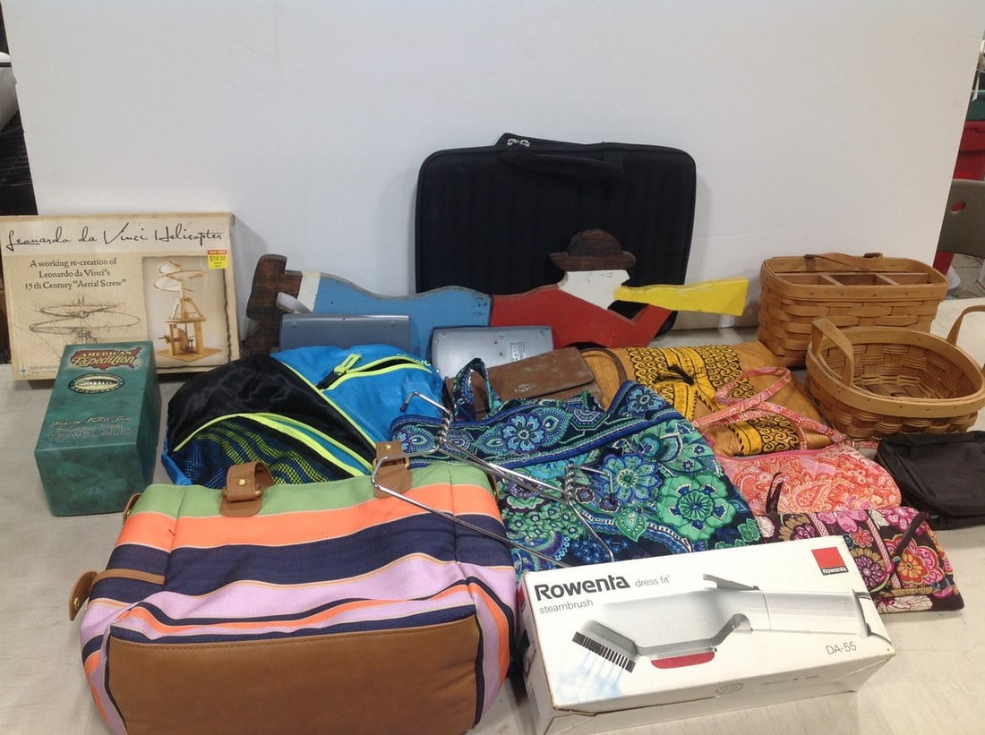 Various handbags(Coach, Vera Bradley, etc.), wooden house decor, wicker baskets, and more (1 of 1)