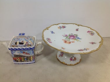 Ocean Voyage cermic teapot and floral serving dish stand