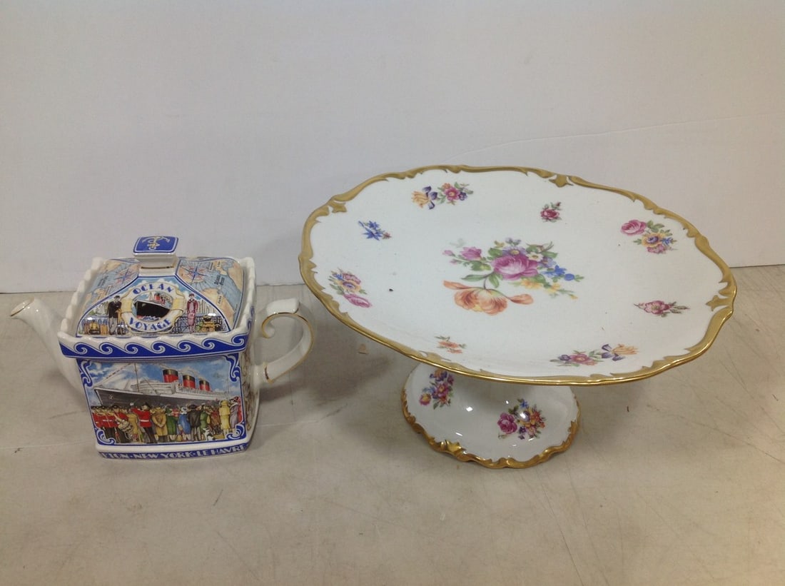 Ocean Voyage cermic teapot and floral serving dish stand: Ocean Voyage cermic teapot and floral serving dish stand