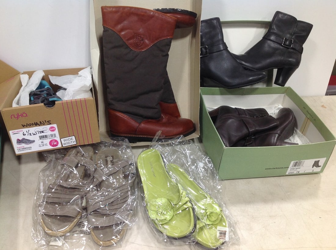 Clark study grade boots(7M), womans sneakers(6.5W), Eddie Bauer boots(size N/A), and sandals(7/7M): Clark study grade boots(7M), womans sneakers(6.5W), Eddie Bauer boots(size N/A), and sandals(7/7M)