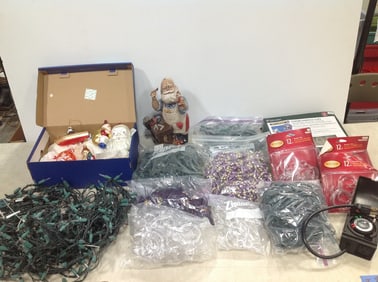 Various Christmas ornaments, banister clips, ceramic statue, and more