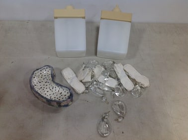Soap dispensers, chandelier glass accessories, and signed handpainted ceramic dish