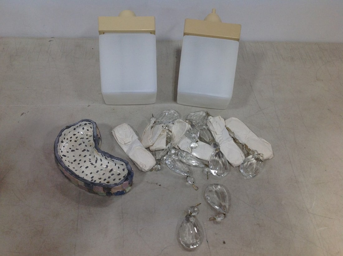 Soap dispensers, chandelier glass accessories, and signed handpainted ceramic dish (1 of 1)