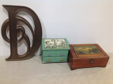 Walll decor(14.5in.long), musical box organizer(missing one leg), and decorative wooden organizer