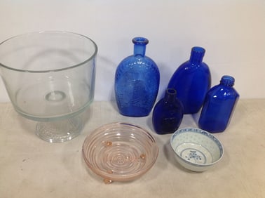 Cobalt glass bottles, trifle bowl(9.5in.tall), and more