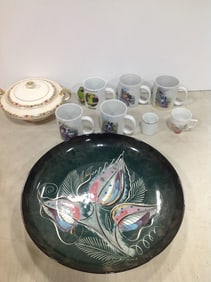 Handpainted and signed bowl(15.5in.), mugs, and more