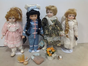 Various ceramic dolls with stands(16.5in.tallest)