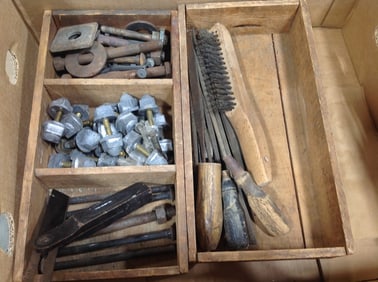 Vintage supplies in wooden organizers