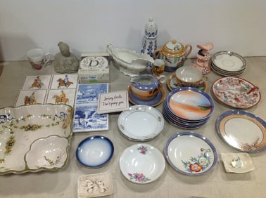 Various plates/bowls, coasters, clay statue, and more(tallest 8in.)