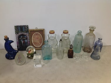 Vintage glass bottles, snowglobe, wall decor, and more(tallest 8.5in.)