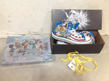 Peanuts 500 pc.puzzle, Wonder woman sneakers(8), and shoelaces