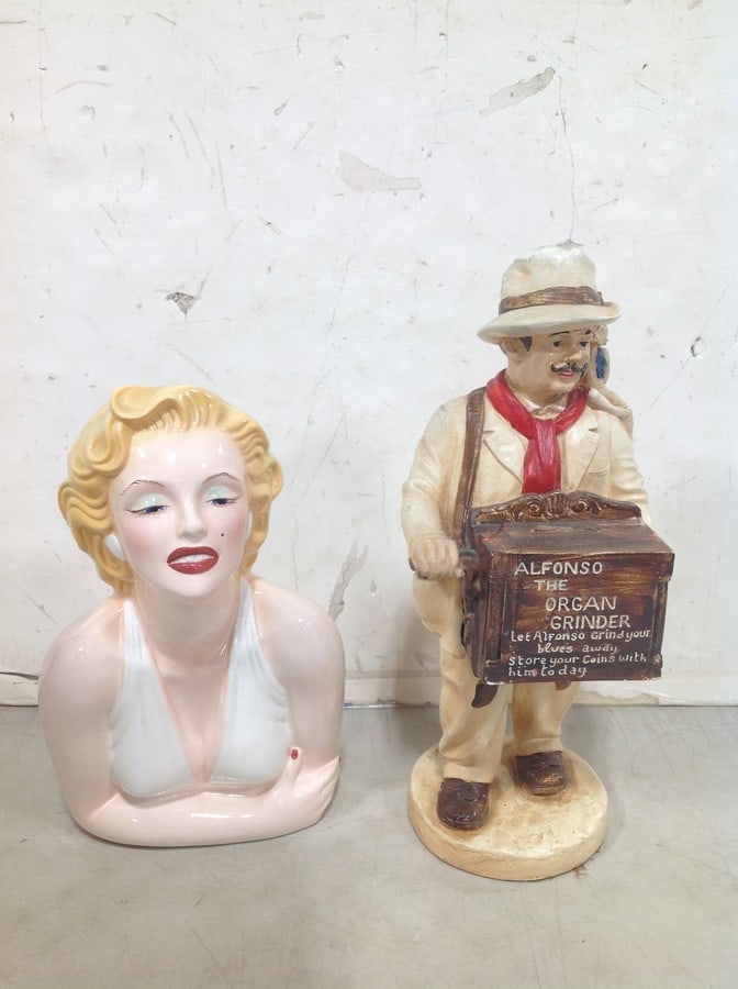 Marilyn Monroe statue(damaged in back) and Alfonso the Organ Grinder bank(17in.tall): Marilyn Monroe statue(damaged in back) and Alfonso the Organ Grinder bank(17in.tall)