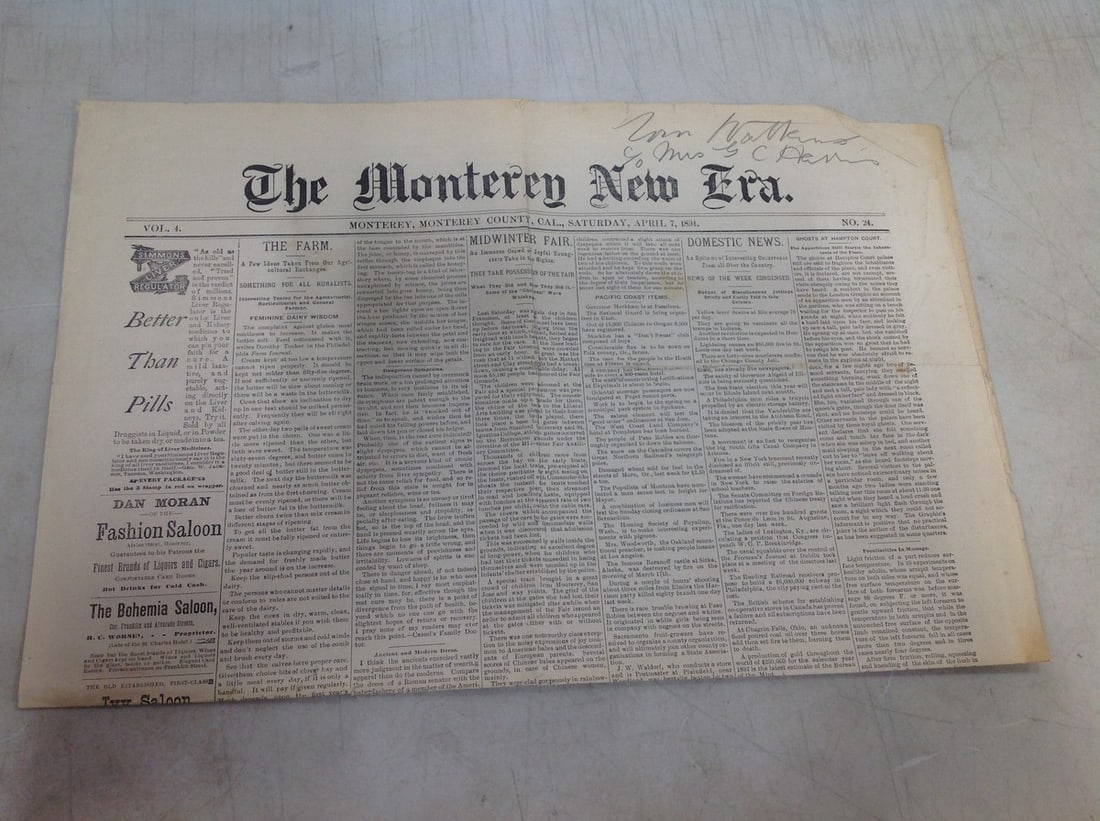 1894 The Monterey New era newspaper: 1894 The Monterey New era newspaper